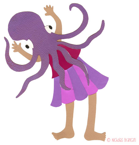 Nicholas Brancati Vanvouver Aquarium illustration of a girl in an octopus mask acting like an octopus