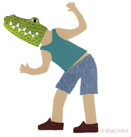 Nicholas Brancati Vancouver Aquarium illustration of a boy with a crocodile mask acting crocodile like