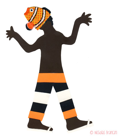 Nicholas Brancati Vanvouver Aquarium illustration of a boy in a fish mask acting like a fish
