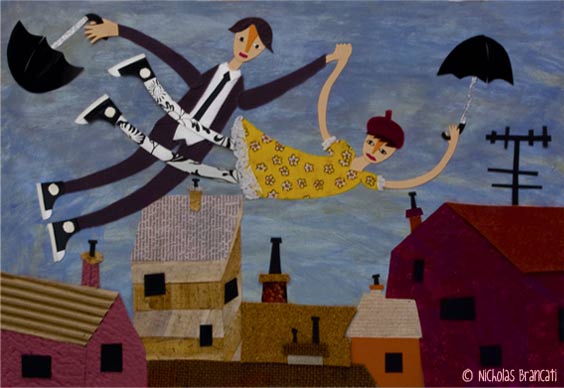 Children's illustration of a man and woman flying over a town
