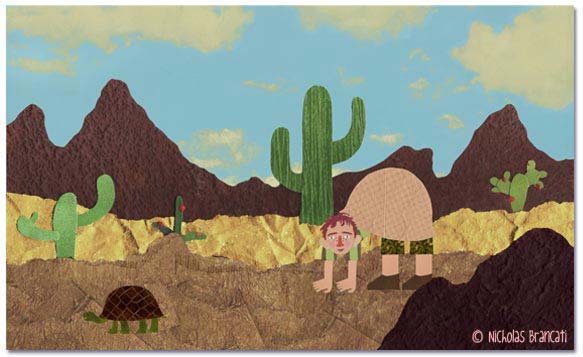 Nicholas Brancati picture book double page spread illustration about a boy acting like a tortoise at the zoo