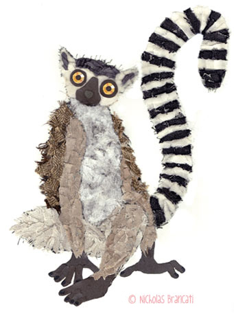 Nicholas Brancati illustration of a ring-tailed lemur done in mixed media collage
